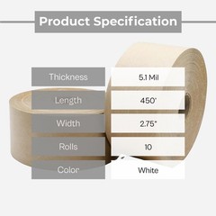 10 Rolls Reinforced Kraft Paper Gum Tape 70mm x 450 Ft White Gummed Tape 5.1 Mil