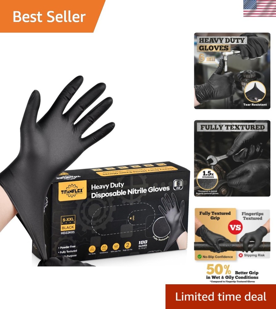 Durable 6 Mil Black Nitrile Disposable Gloves | Powder-Free, Waterproof, 100ct