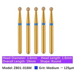 Vakker 5pc Dental Zirconica Diamond Burs w/ Metal Holder Z801 Z801L Round Shape