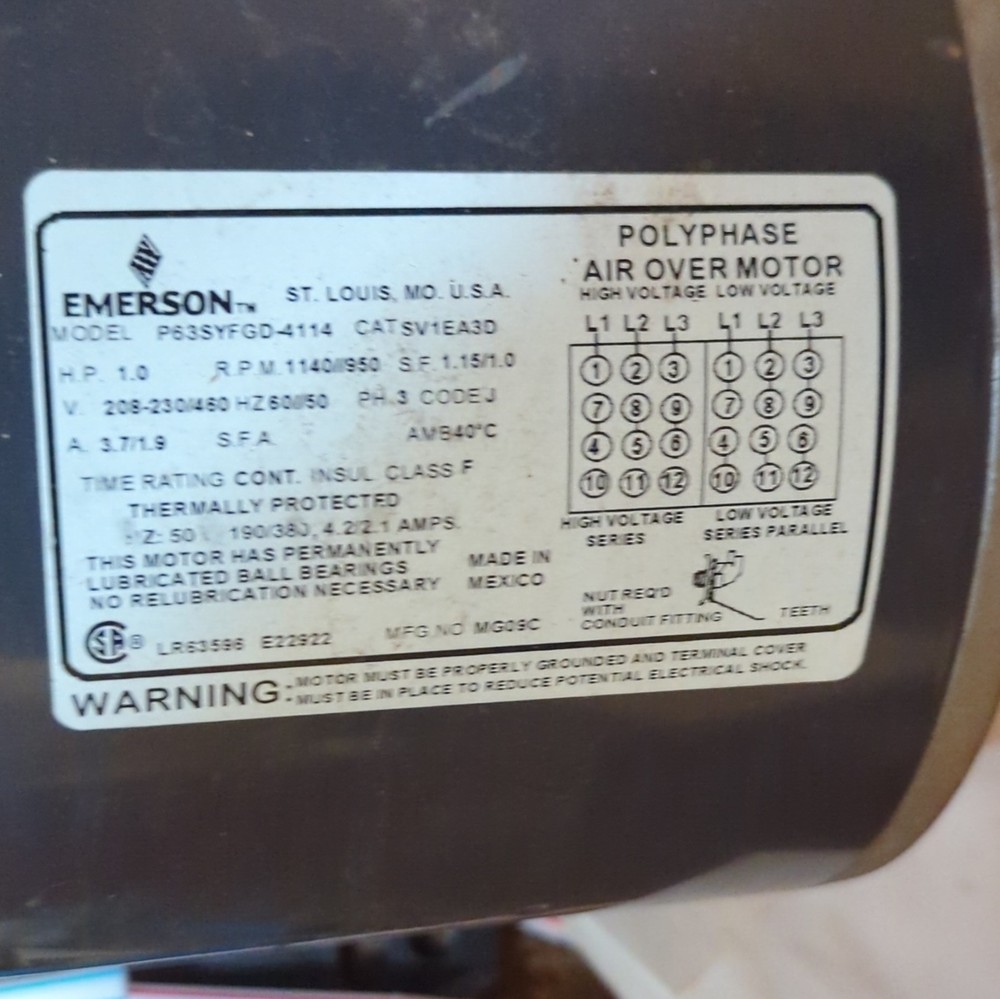 Emerson Air Over Motor P63SYFGD-4114 1HP 208-230/460V 3PH 3.7/1.9A