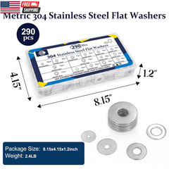 290Pcs Flat Washers, 304 Stainless Steel Fender Washers Assortment, 15 Different