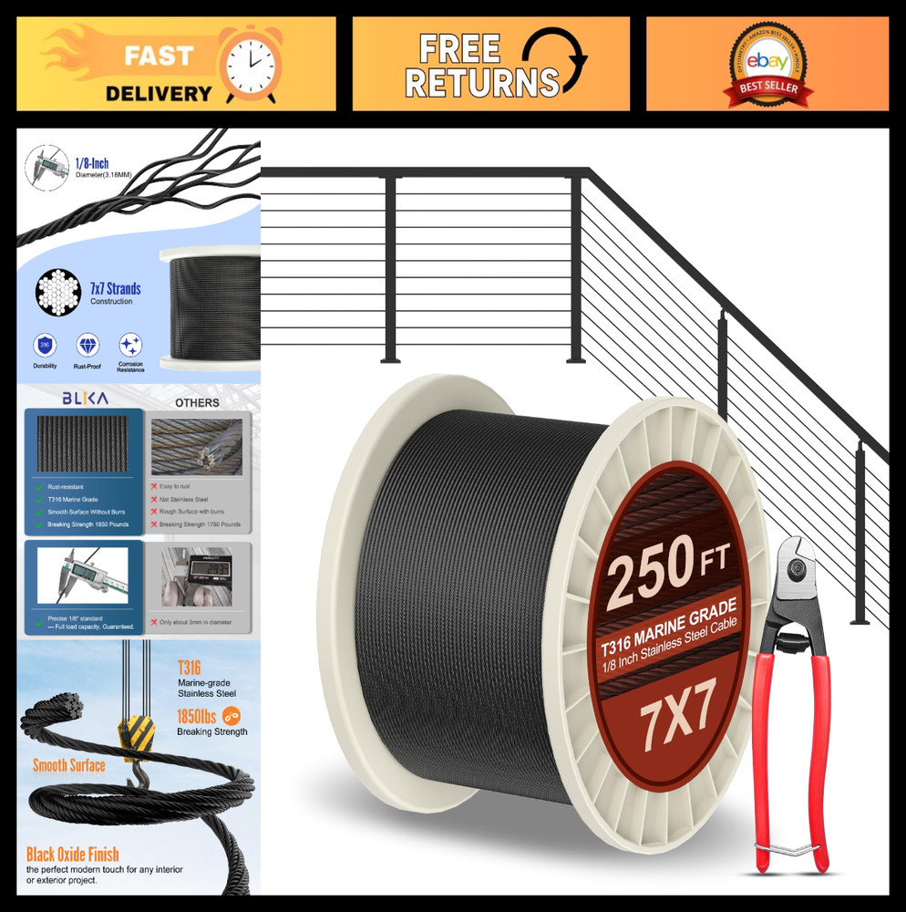 250FT 1/8″ Black Stainless Steel Cable, T316 Marine Grade Wire Rope, 1850lbs Str