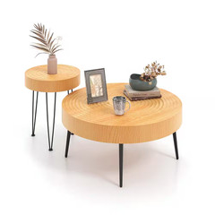 31.5 In. Natural round Wooden Farmhouse Coffee Table (Set of 2) End Table Natura