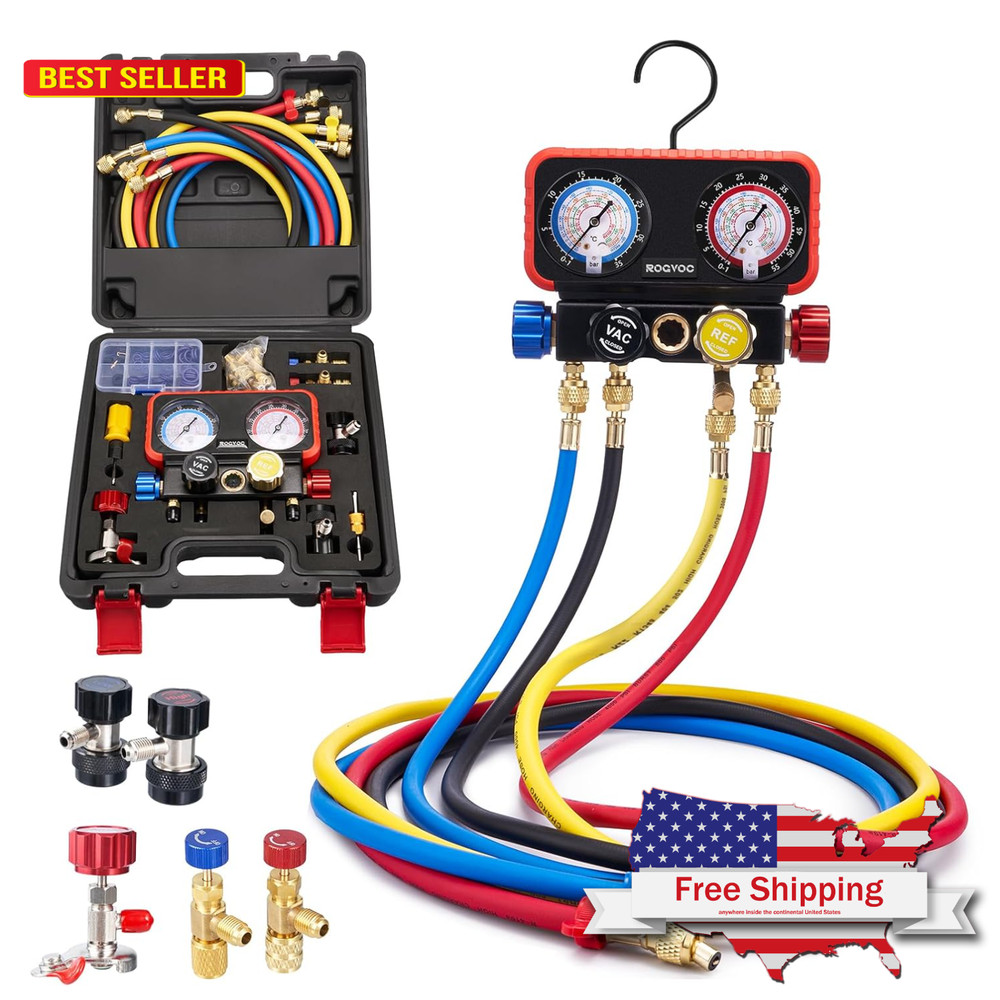 AC Gauges, AC Manifold Gauge Set for R22/R410a/R134a Refrigerant, 4 Way HVAC
