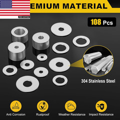 108Pcs 304 Stainless Steel Flat Washers, Fender Washers Assortment Kit 12 Sizes