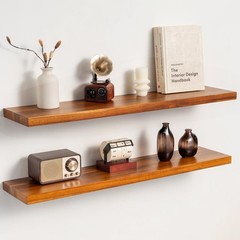 36 Inch Teak Floating Shelves Set of 2 – Solid Natural Wood Wall Mounted Shel…