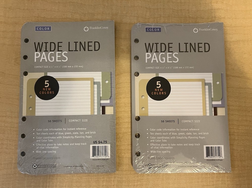 New Set of 2 Franklin Covey Refill Color Wide Lined Pages 50 Count 4.25 x 6.75”