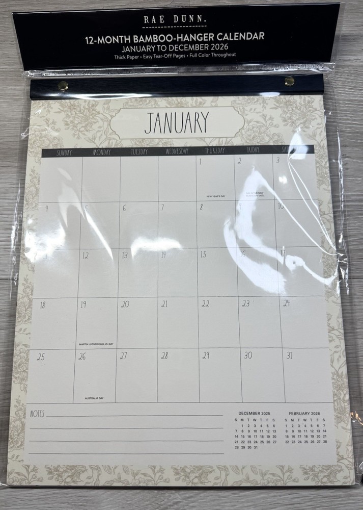 2026 Bamboo Hanger Calendar RAE DUNN 12 Months Brown Flowers Design LARGE