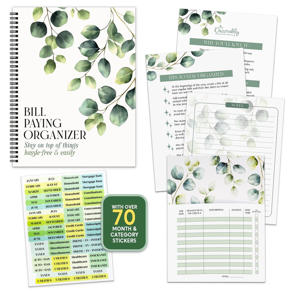 Decorably 14 Pages 9x12in Eucalyptus Monthly Bill 9×12 inches, Green
