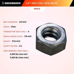 Sandbaggy 1/2″ Hex Coil Rod Nuts (Threaded) – Plain Steel