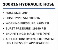 3/8″ 2 wire 100R16 Hydraulic Hose Assembly with NPT Male 3/8″ fittings 4785 PSI
