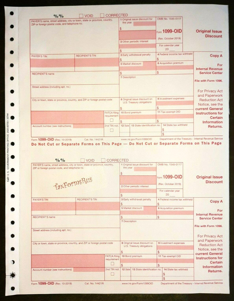 Undated IRS Tax Form 1099-OID single sheet set for 2 recipients, carbonless 5-pt