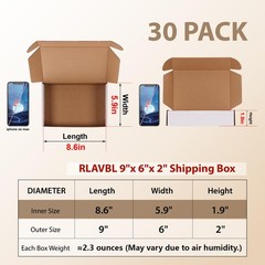 RLAVBL 30 Pack 9x6x2 Shipping Boxes, White Corrugated Cardboard Mailer Box fo…