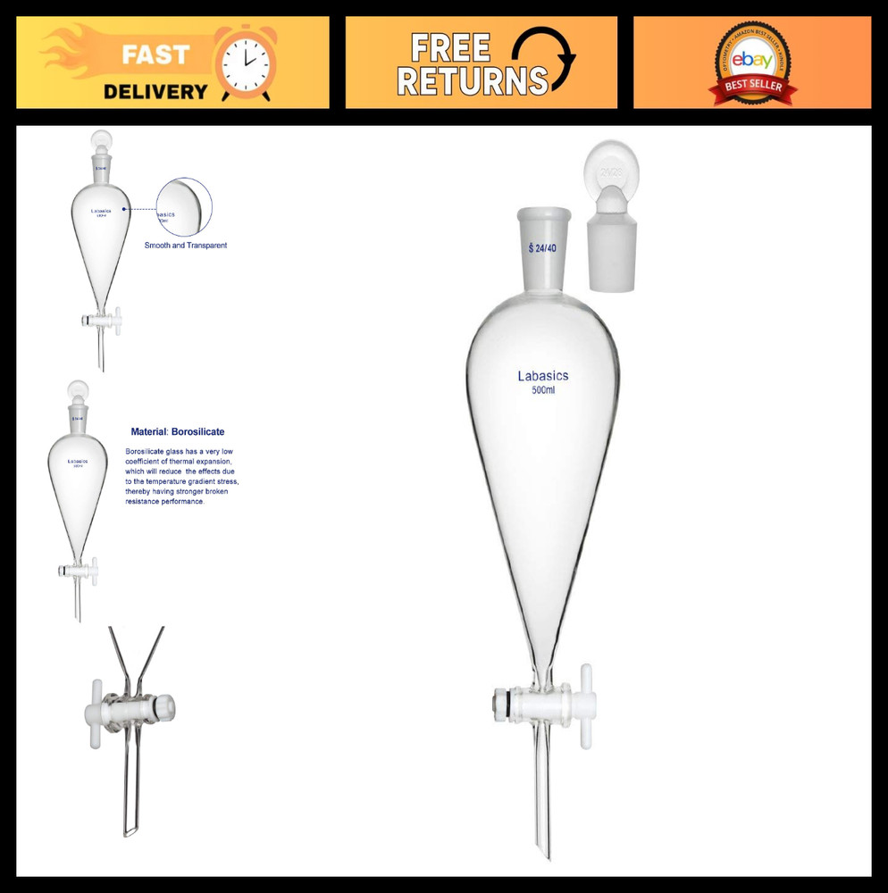 500ml Borosilicate Glass Conical Separatory Funnel with PTFE Stopcock – Lab Equi