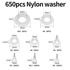 650Pcs White Nylon Flat Washer Assortment Kit M2-M10 Household Electrical
