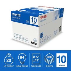 Staples Multiuse Copy Paper 8.5×11 Letter, 20 lb 94 Bright 5000 Sheets, 10 Reams