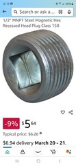 10 Magnetic Pipe Plug 1/2″ NPT 3/8″ Hex Recessed Steel Male NPT .610″ NEW 5/8″L