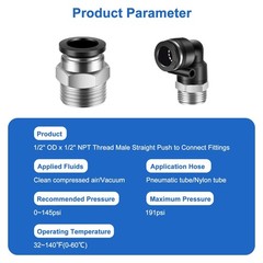 12 Pcs Push to Connect Fittings 1/2 Inch Tube OD x 1/2 Inch NPT Thread Pneuma…