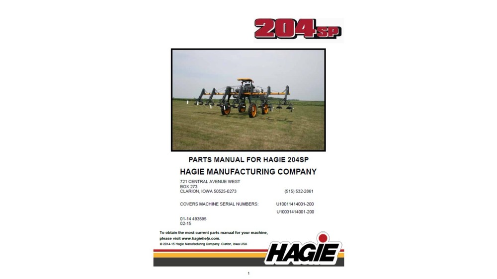 Hagie 204SP Sprayer see S/N in description Spare Parts List Manual PDF USB 1