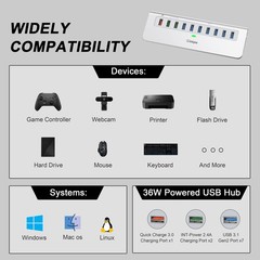 Powered USB Hub 10Gbps, 10 Port USB 3.2 Gen 2 Hub with 7 USB 3.2 Data Ports, …