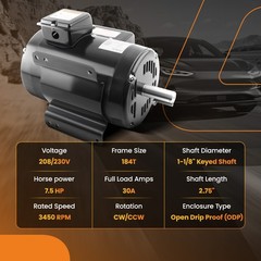 7.5HP Air Compressor Electric Motor 3450 RPM 184T Frame 1-1/8″ Keyed CW/ CCW