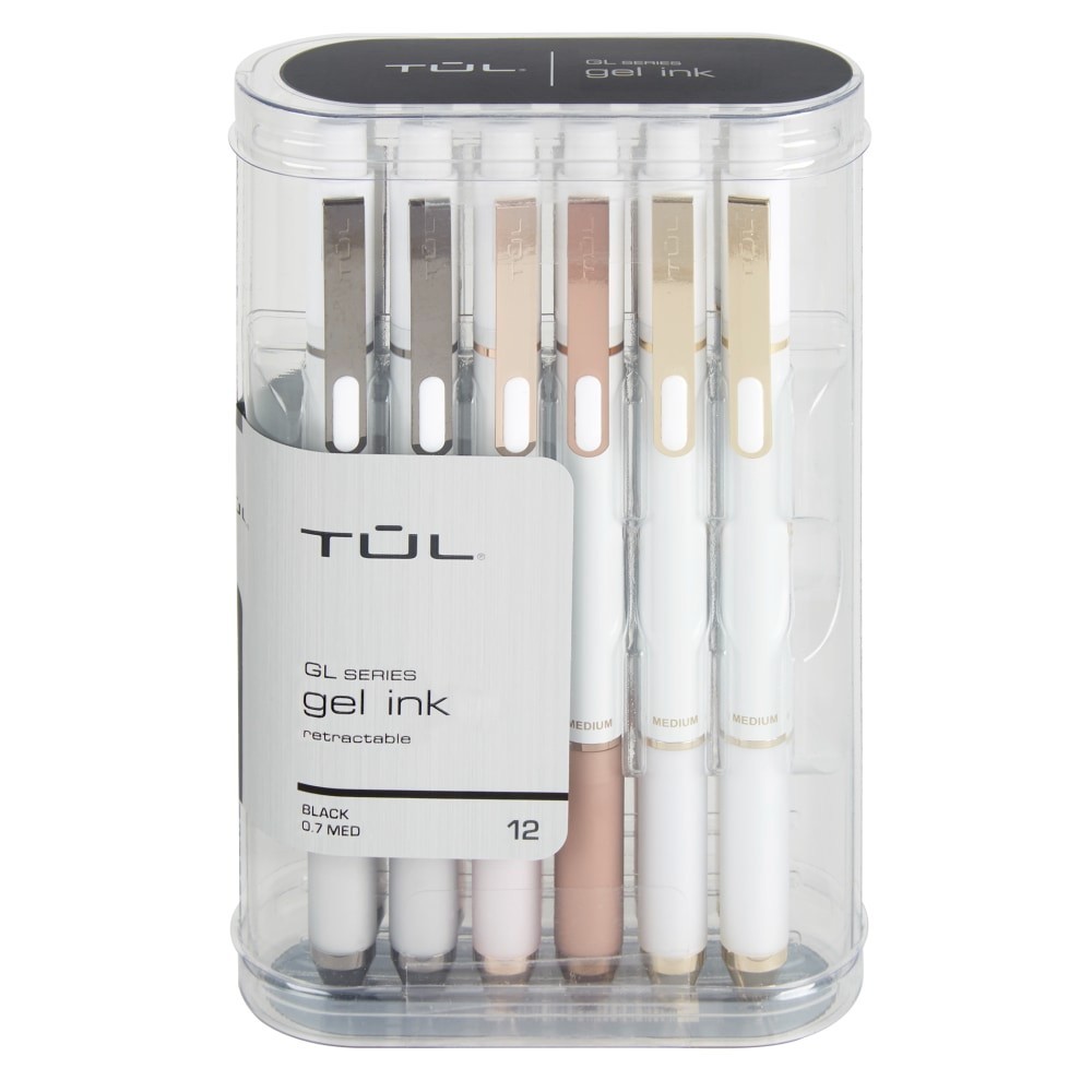 TUL Retractable Pens, Med Point, 0.7 mm, Pearl White Barrel, Black Ink, 12 Pack
