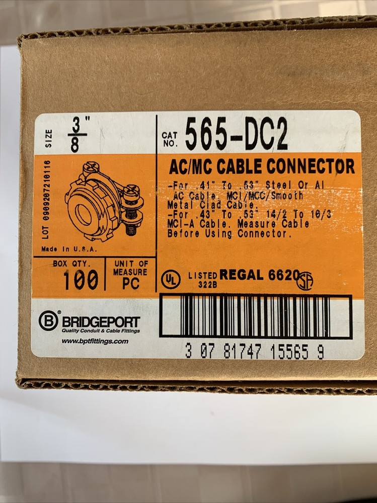 Bridgeport 3/8″ Diecast Zinc 2 Screw Connector AC/MC 565-DC2 Lot of 58