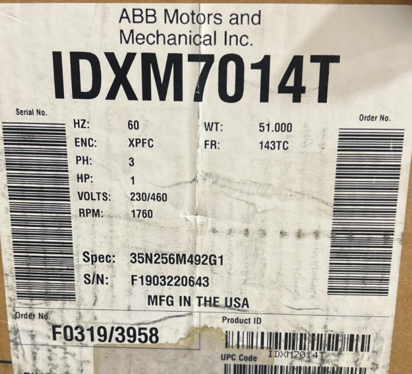 Baldor, IDXM7014T, 1HP 1760RPM 143TC XPFC 3PH EXPLOSION PROOF MOTOR