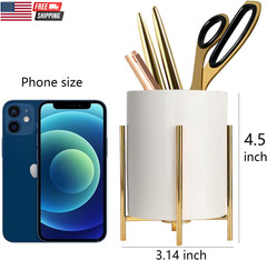 Gold Pencil Cup Sturdy Metal Frame with White Ceramic Pen Holder for Desks and K