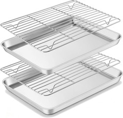 Quarter Sheet Pan with Rack Set (2 Sheets + 2 Racks), 9X13 Stainless Steel Bakin