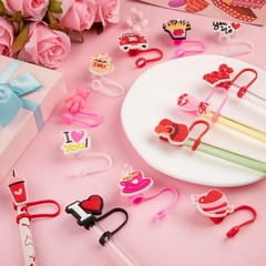 24 PCS Valentine’s Day Straw Toppers, 8mm Heart 6-8mm, Red, Pink, White