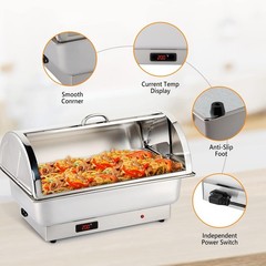 Electric 9 QT Chafing Dish Buffet Set, NSF Stainless Steel Roll Top Food Warmer