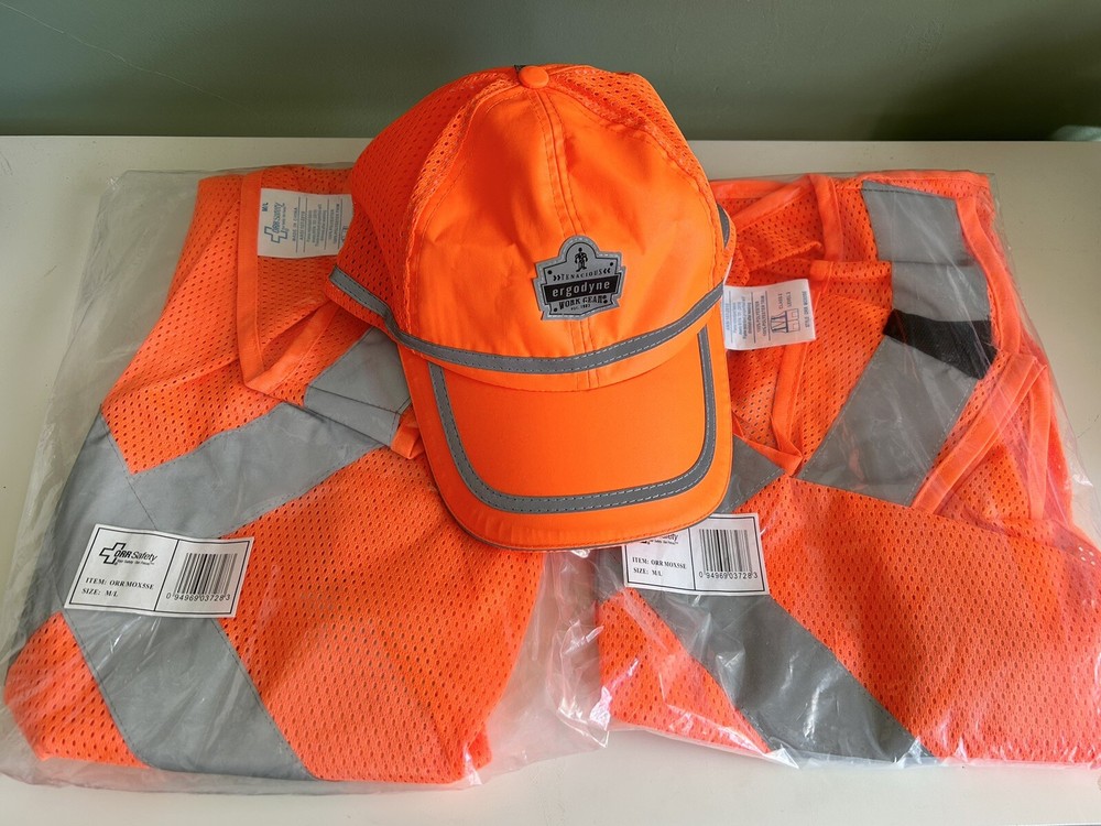 NEW Orange Safety Vests & Baseball Cap Hat – Orr Safety – Medium Large M/L