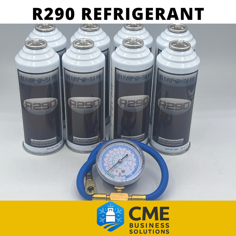 Envirosafe R290, R-290 Refrigerant, 8 cans with Brass Charging Gauge