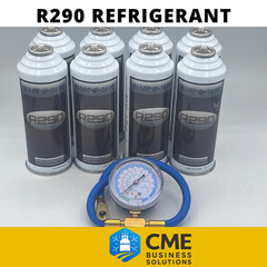 Envirosafe R290, R-290 Refrigerant, 8 cans with Brass Charging Gauge