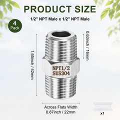 4-Pack 304 Stainless Steel 1/2″ NPT Male x 1/2″ NPT Male Hex Nipple Pipe Fitting