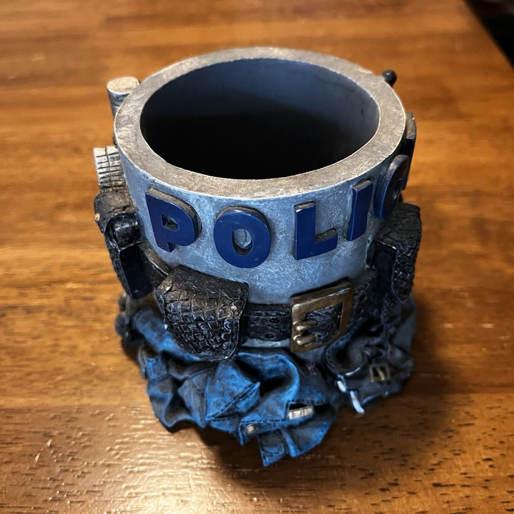 Vanmark Porcelain Police-Themed Desk Pencil Holder Organizer Cup Blue/Gray
