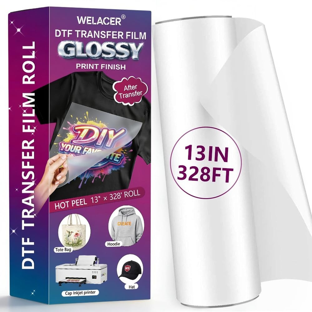 DTF Transfer Film Roll, 13″ x 328ft – Glossy Transfer Finish, Double-Sided