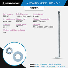 Sandbaggy 5/8″ x 24″ Threaded Concrete Anchor L-Bolts – Hot Dipped Galvanized