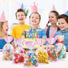 100 PCS Iridescent Cellophane Treat Bags, 6 x 10 Inches Holographic Plastic G…