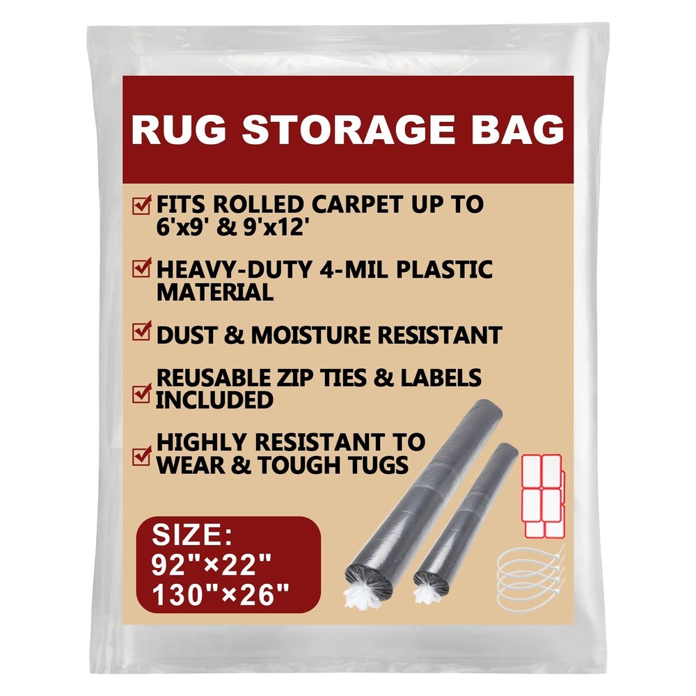 2PCS Carpet Storage Bag,Plastic Rug Storage Bag with Zip Tie,Rug Bags for Mov…