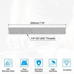 1/4″-20 Fully Threaded Rod, 7.9″ Length 304 Stainless Steel Thread Screw