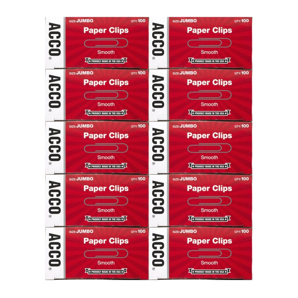 ACCO Brands Paper Clips, Jumbo, 2 in. length / 100 per box [10 Pack], Silver