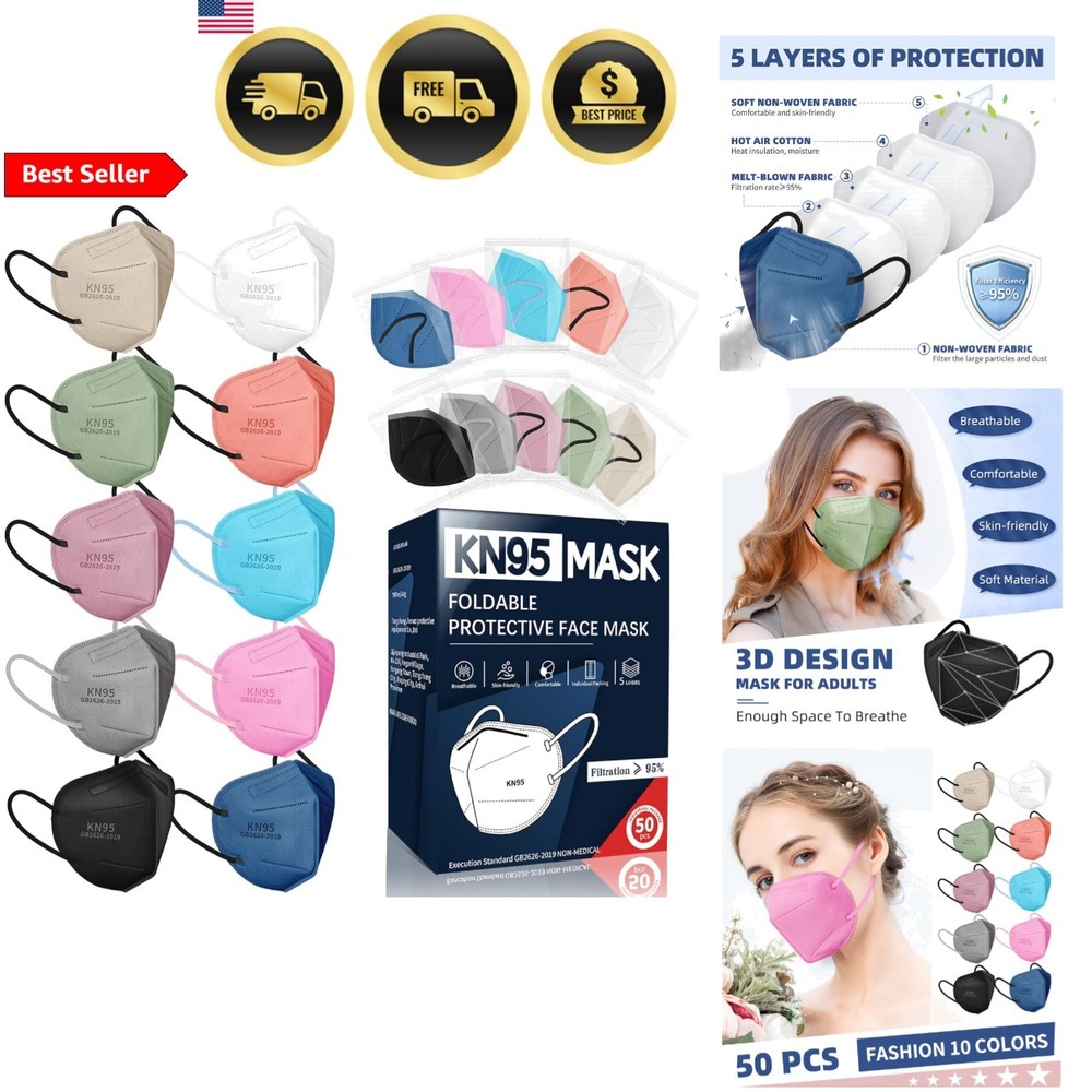 KN95 Face Masks for Adults, 50 Pack 10 Colors Disposable KN95 Masks, 5 Layer …