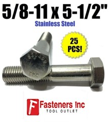 (Qty 25) 5/8-11 x 5-1/2″ Stainless Steel Hex Cap Screw / Bolt 18-8 / 304