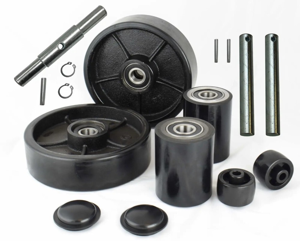 Pallet Jack/Truck Poly Wheels Full Set with Axles, Bearings, Entry Rollers, Caps