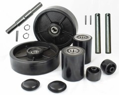 Pallet Jack/Truck Poly Wheels Full Set with Axles, Bearings, Entry Rollers, Caps