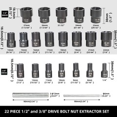 22 Piece Bolt Nut Extractor Set, 1/2″ and 3/8″ Drive Impact Lug Nut Remover