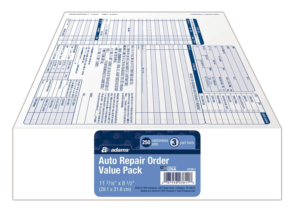Adams Garage Repair Order Forms, 8.5 x 11 Inch, 3 Parts, 250-Count, White