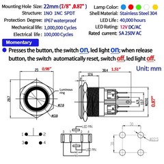 Waterproof Push Button Switch 22mm Momentary 12V Power 1NO 1NC SPDT Stainless…